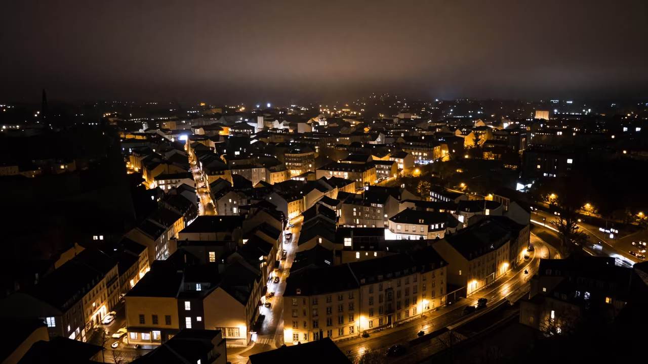 Luxembourg City Grid Night Mist Aerial View in far above surf-scalloped coastline in Luxembourg