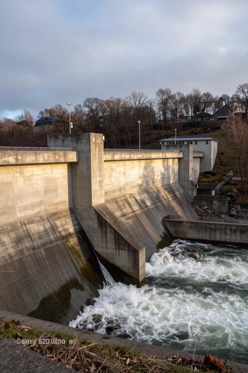 Luxembourg Dam Spillway Golden Hour Winter in along concrete walls above turbulent water in Luxembourg