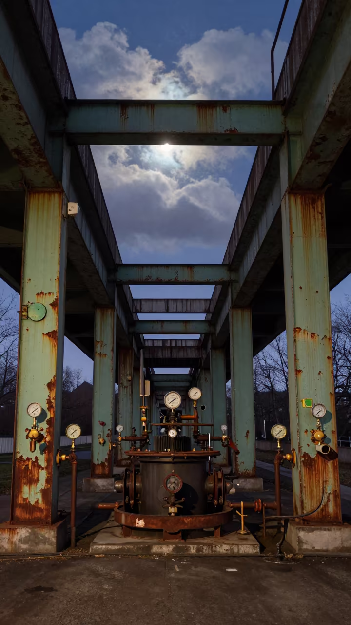 Luxembourg Pumping Station Predawn Moonlight in across a windy overpass interchange in Luxembourg