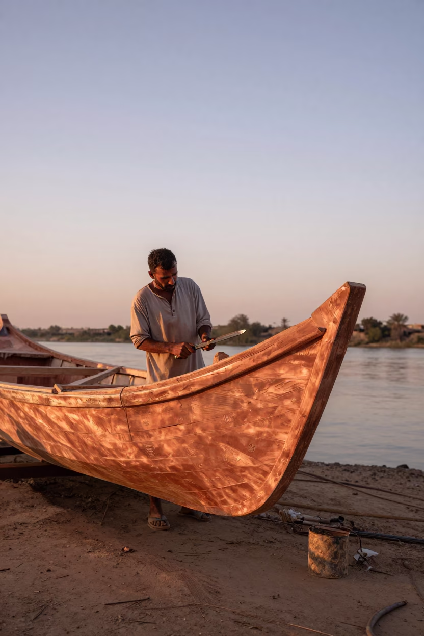 Luxor Boat Builder Shaping Wooden Hull in Copper Dusk Light in in Luxor, Egypt