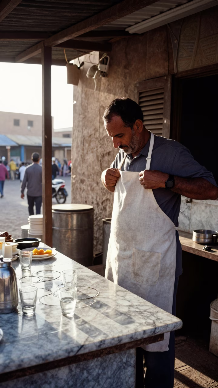 Luxor Breakfast Stall Morning Light Linen Apron and Marble Countertop in in Luxor, Egypt
