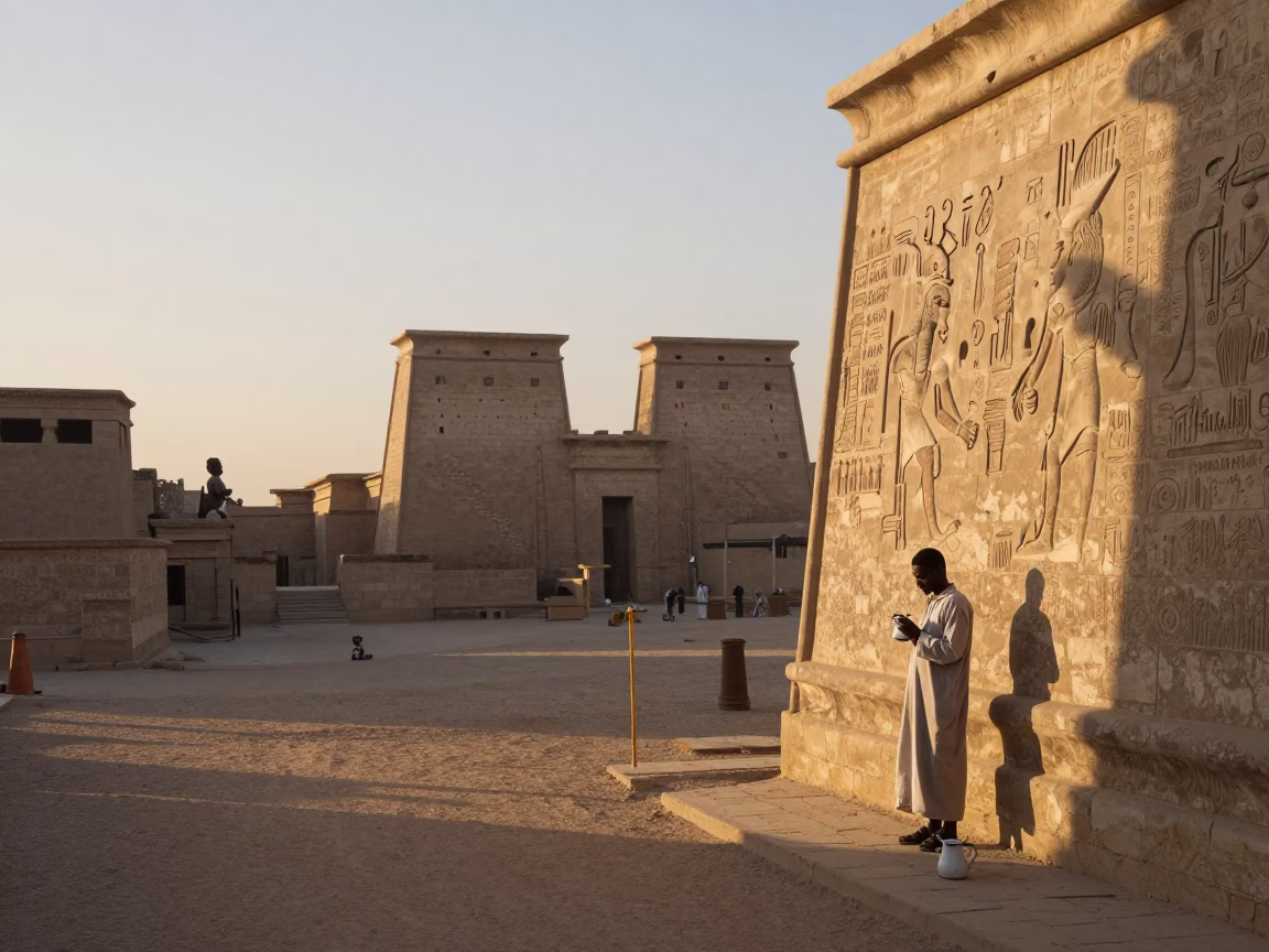 Luxor Dawn Street Scene with Enamel Pitcher and Morning Glory at First Light in in Luxor, Egypt
