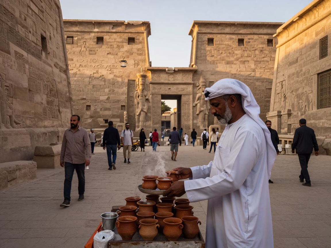 Luxor Dawn Street Scene with Tourists and Local Vendors Near Temple of Karnak in in Luxor, Egypt