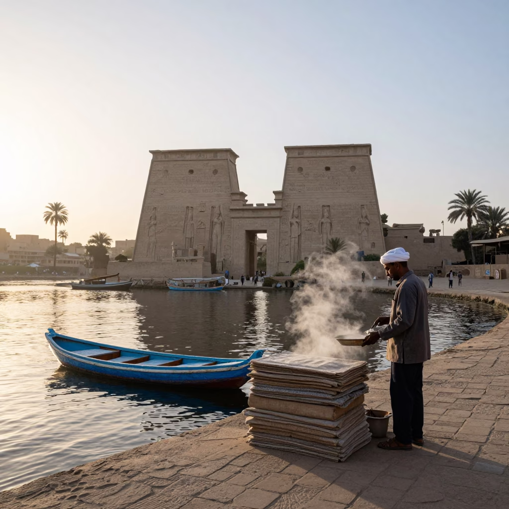 Luxor Early Morning Street Scene with Local Vendor and Traditional Elements in in Luxor, Egypt