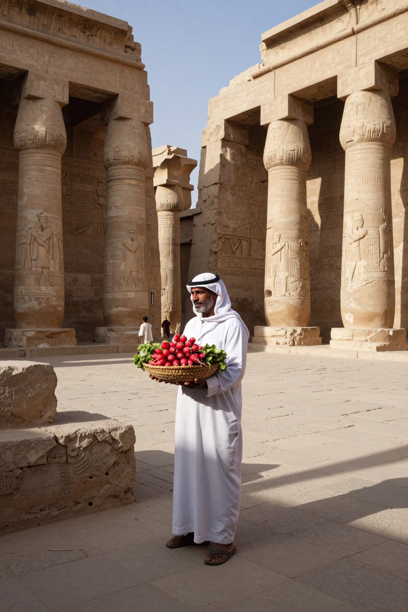 Luxor Egypt Afternoon Street Scene with Baker and Radishes in in Luxor, Egypt
