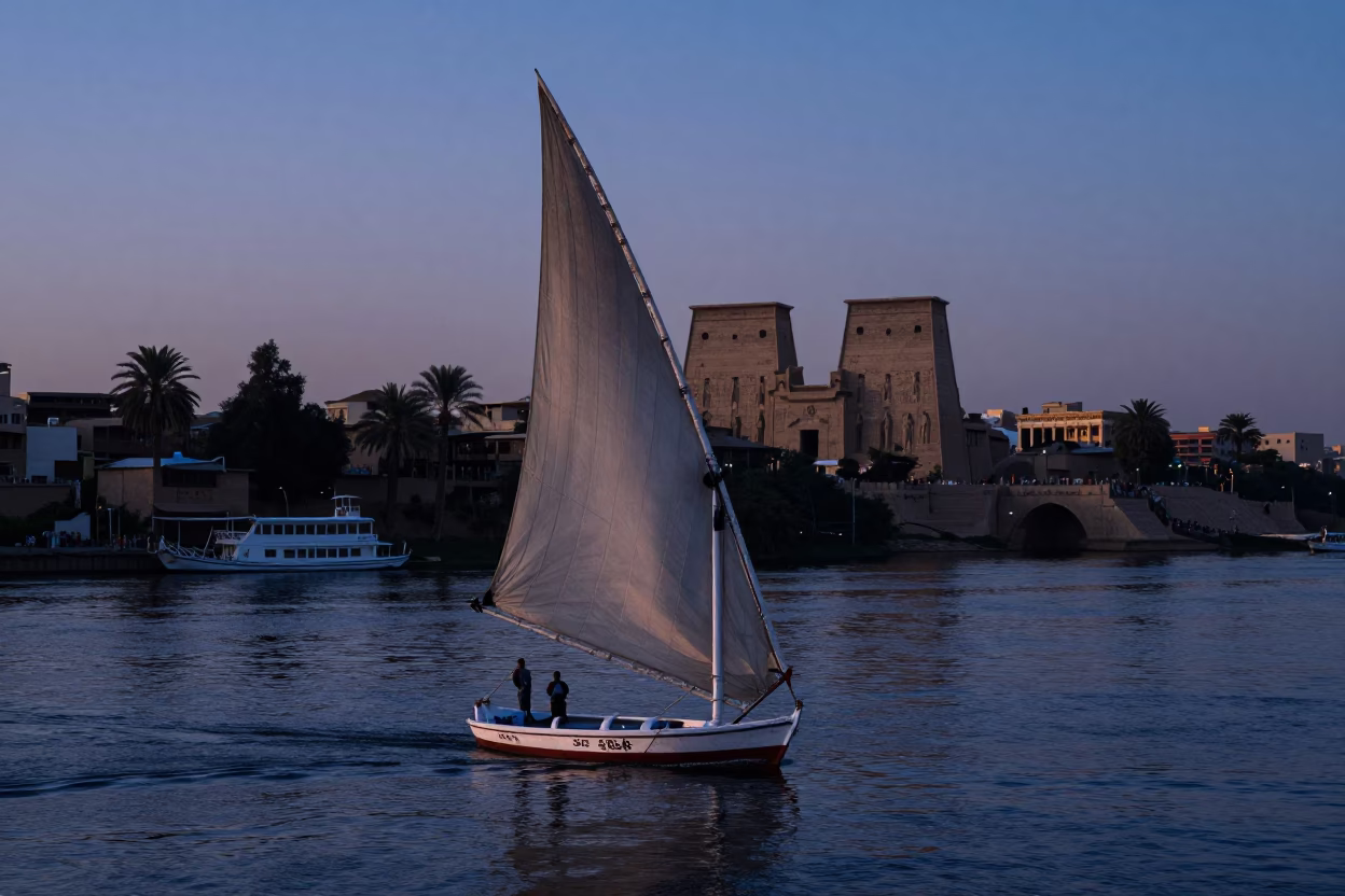 Luxor Egypt Before Dawn Street Scene with Nile River and Traditional Boat in in Luxor, Egypt