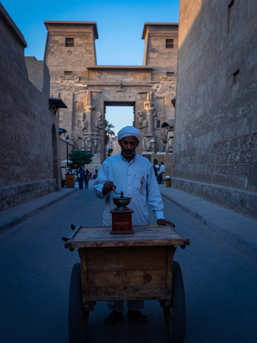 Luxor Egypt Before Sunrise Street Scene with Vintage Coffee Grinder in in Luxor, Egypt