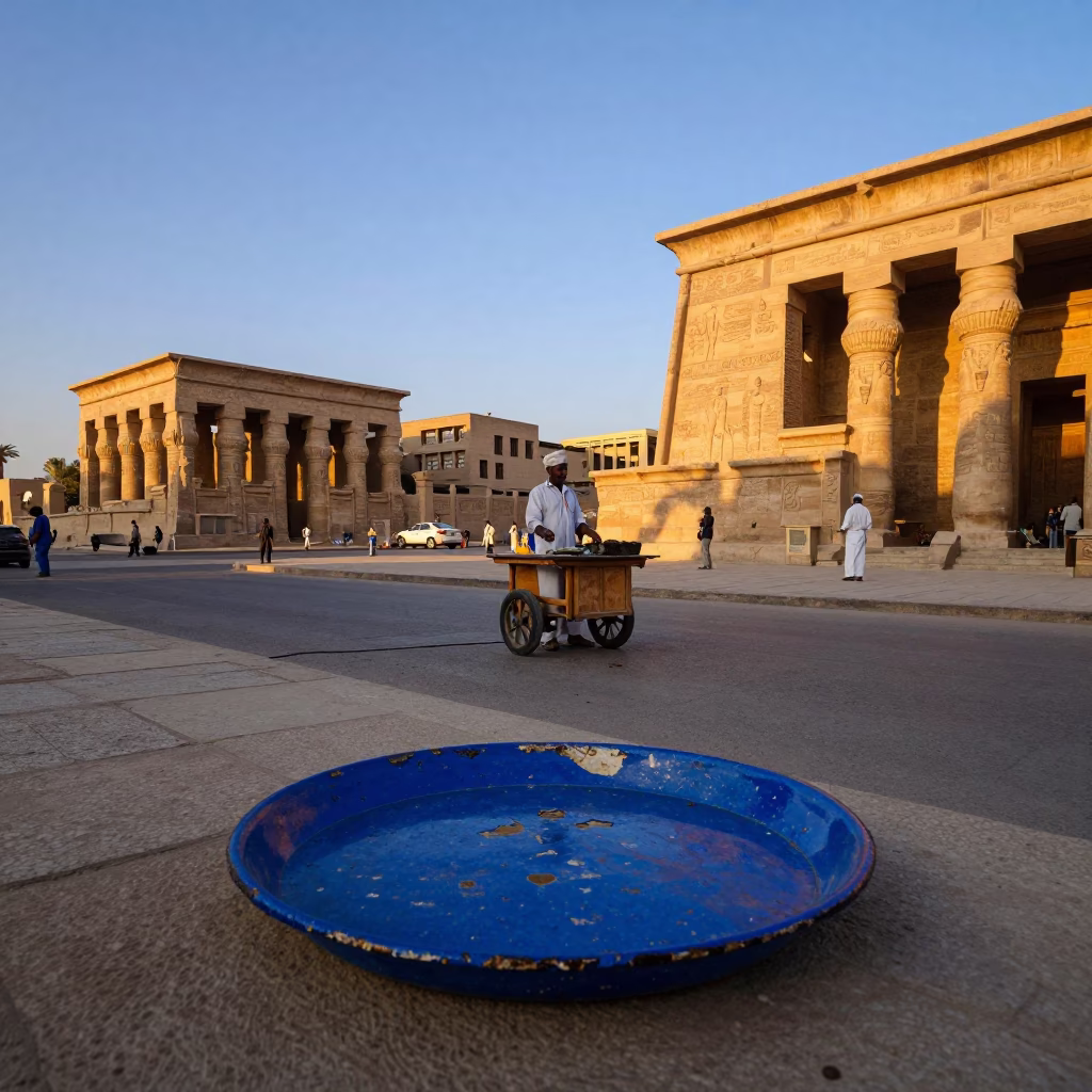 Luxor Egypt Blue Hour Street Scene with Chipped Blue Enamel Tray and Local Vendor in in Luxor, Egypt
