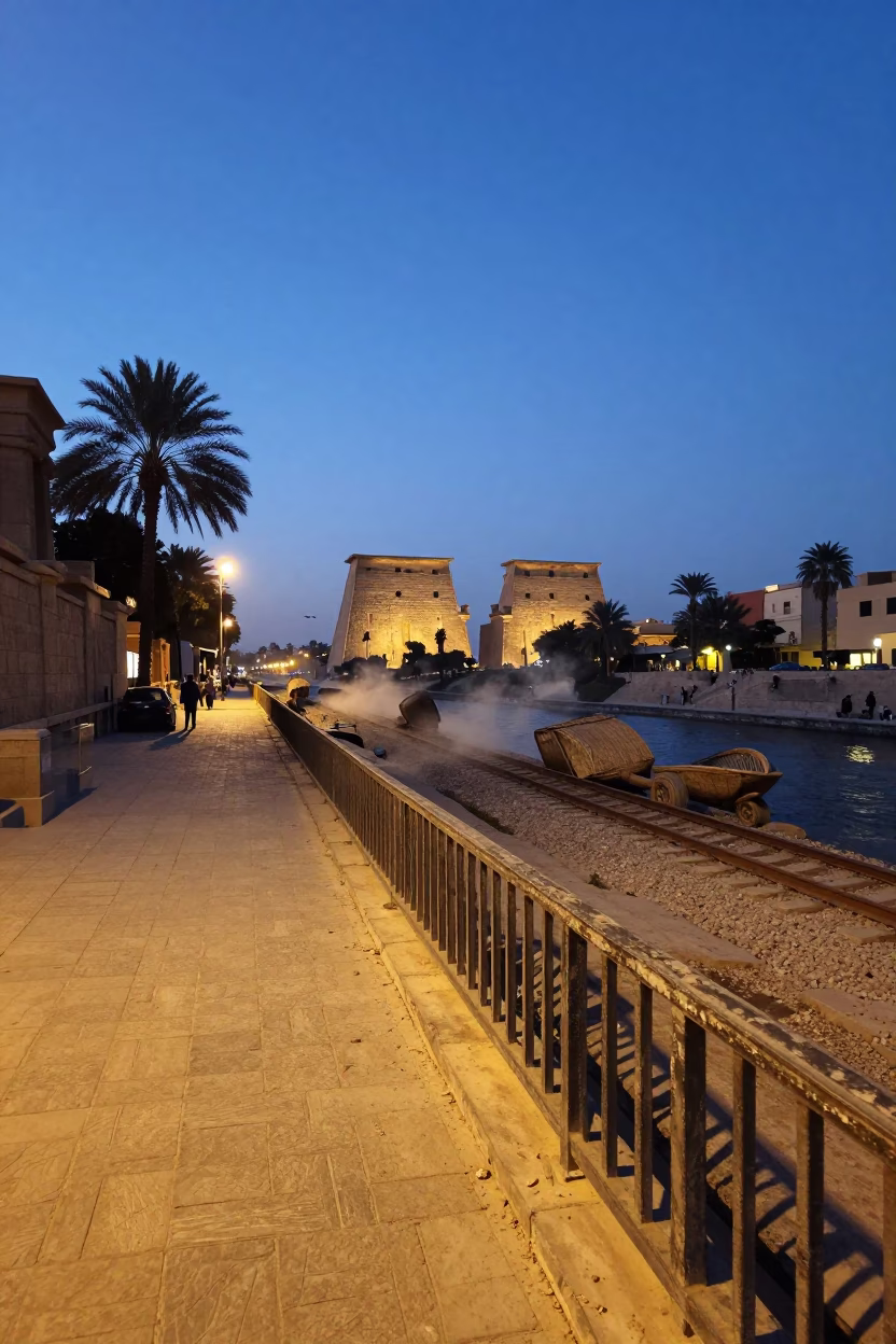 Luxor Egypt Blue Hour Street Scene with Dust on Rail and Wicker Shadow in in Luxor, Egypt
