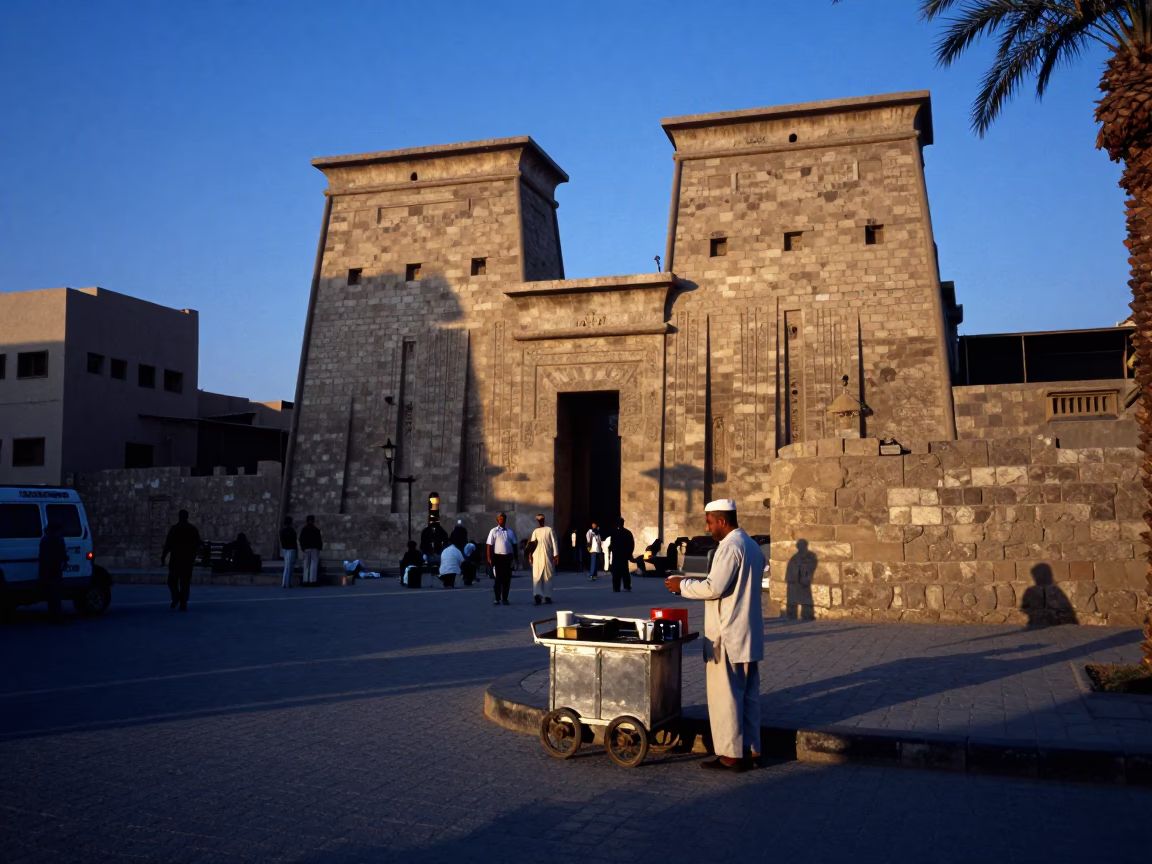 Luxor Egypt Blue Hour Street Scene with Espresso and Local Architecture in in Luxor, Egypt