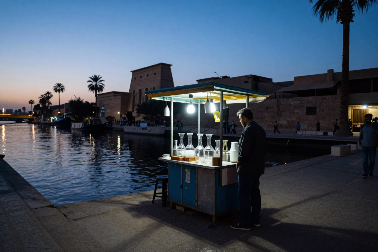 Luxor Egypt Blue Hour Street Scene with Glass Carafe and Pumping Station Canal in in Luxor, Egypt