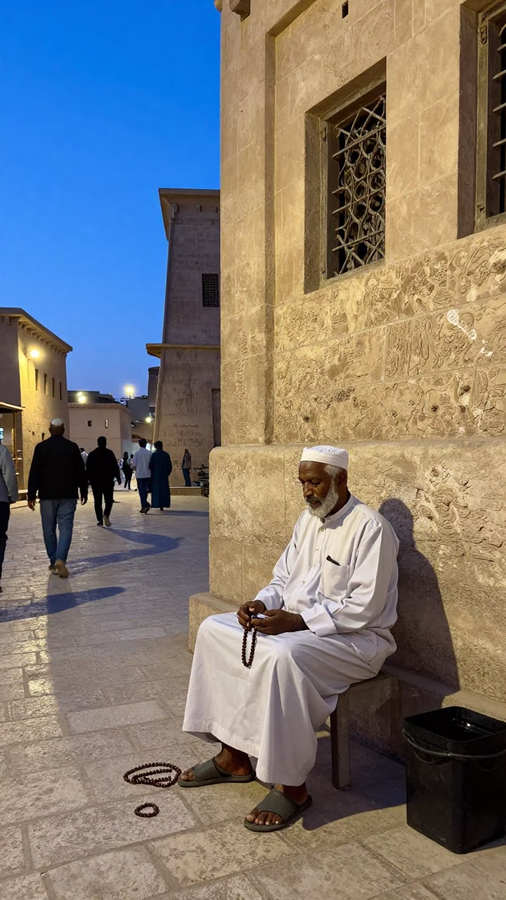 Luxor Egypt Blue Hour Street Scene with Prayer Beads and Evening Ambience in in Luxor, Egypt