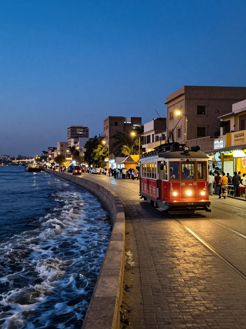 Luxor Egypt Blue Hour Street Scene with River Foam and Heritage Tram in in Luxor, Egypt