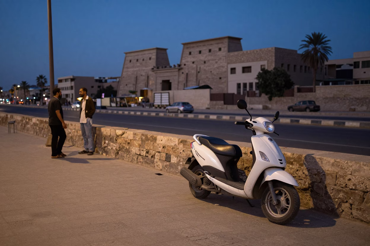 Luxor Egypt Blue Hour Street Scene with Scooter and Local Interaction in in Luxor, Egypt