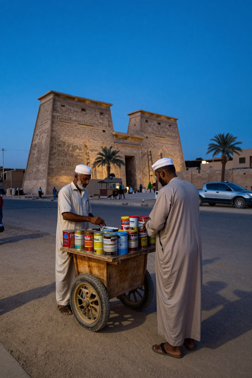 Luxor Egypt Blue Hour Street Scene with Tiffin Tin and Local Interaction in in Luxor, Egypt