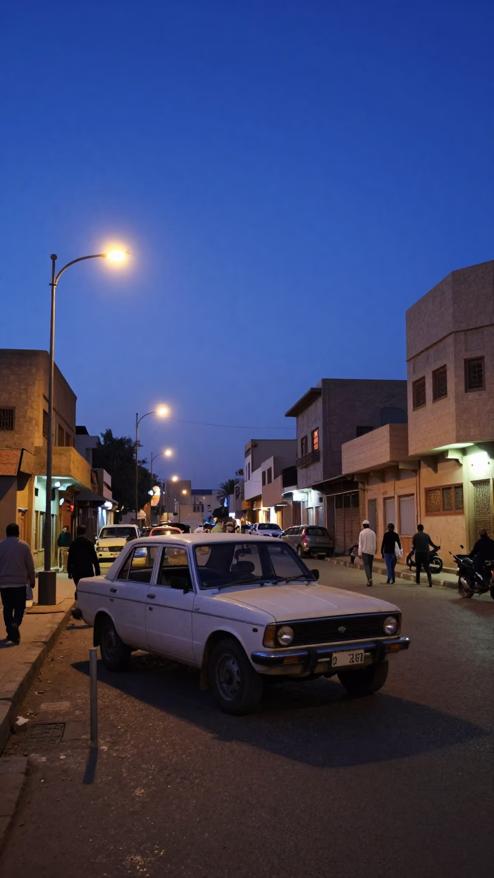 Luxor Egypt Blue Hour Street Scene with Vintage Car and Local Life in in Luxor, Egypt