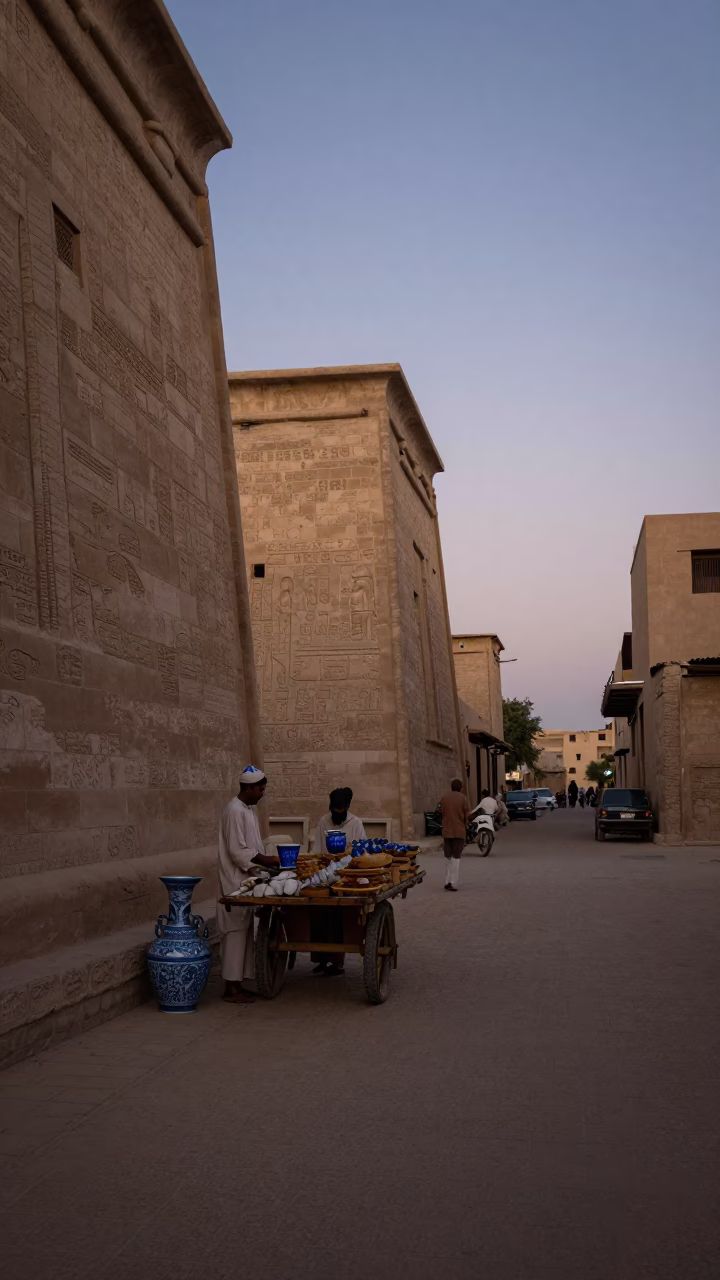 Luxor Egypt Dawn Street Scene with Blue Porcelain and Local Market Activity in in Luxor, Egypt