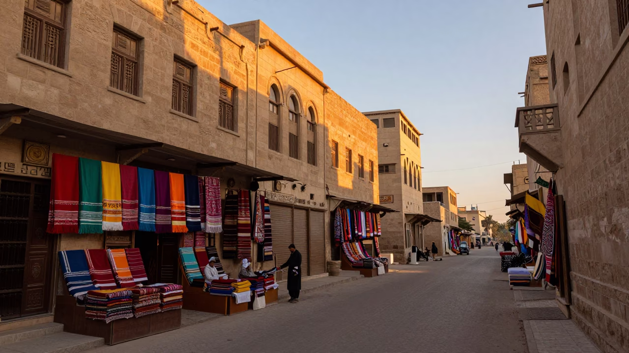 Luxor Egypt dawn street scene with colorful shop display and gate handle in in Luxor, Egypt