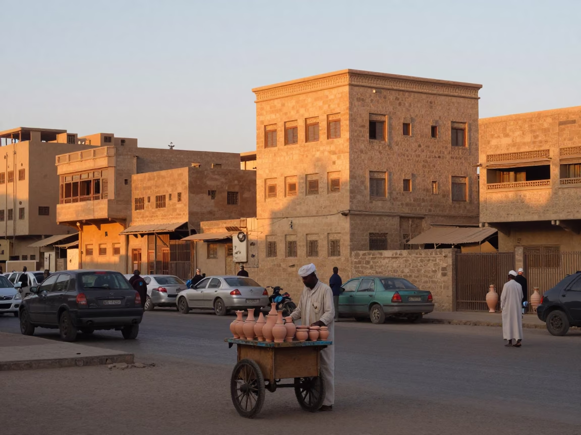 Luxor Egypt Dawn Street Scene with Local Vendor and Ceramic Mugs in in Luxor, Egypt