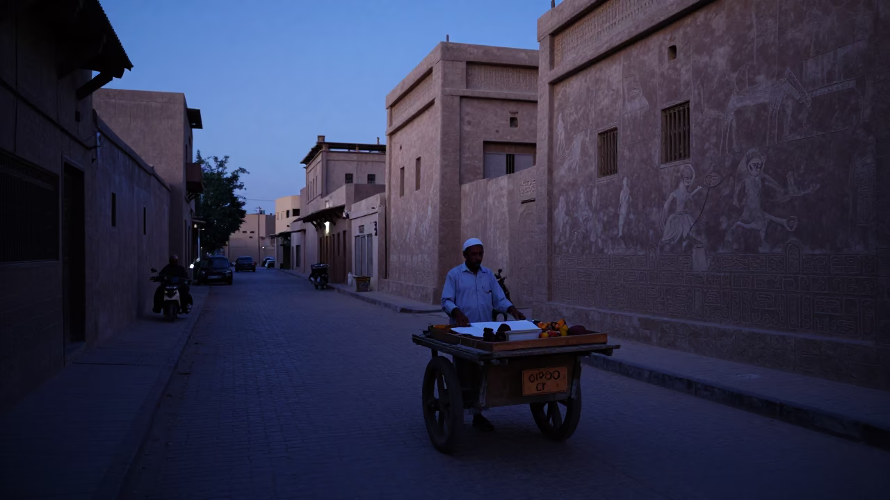 Luxor Egypt Dawn Street Scene with Local Vendor and Traditional Basket in in Luxor, Egypt