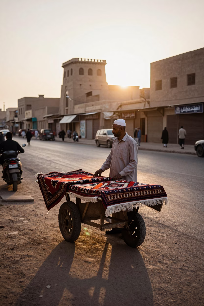 Luxor Egypt Dawn Street Scene with Local Vendor and Traditional Textiles in in Luxor, Egypt