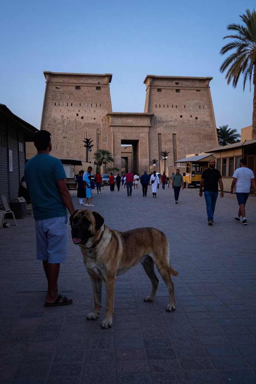 Luxor Egypt Dawn Street Scene with Neapolitan Mastiff and Local Market Activity in in Luxor, Egypt
