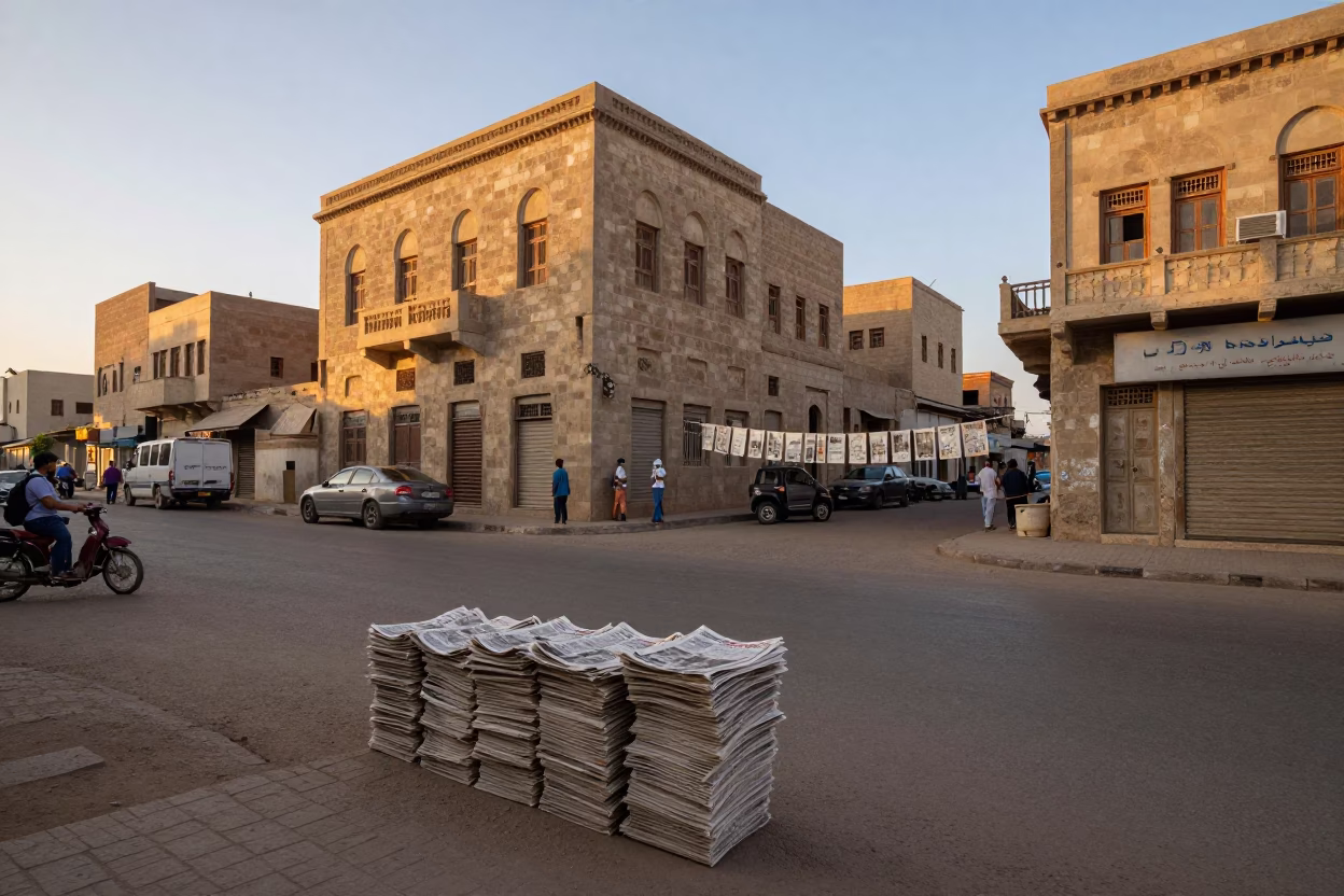 Luxor Egypt Dawn Street Scene with Newspaper Stack and Drying Towels in in Luxor, Egypt