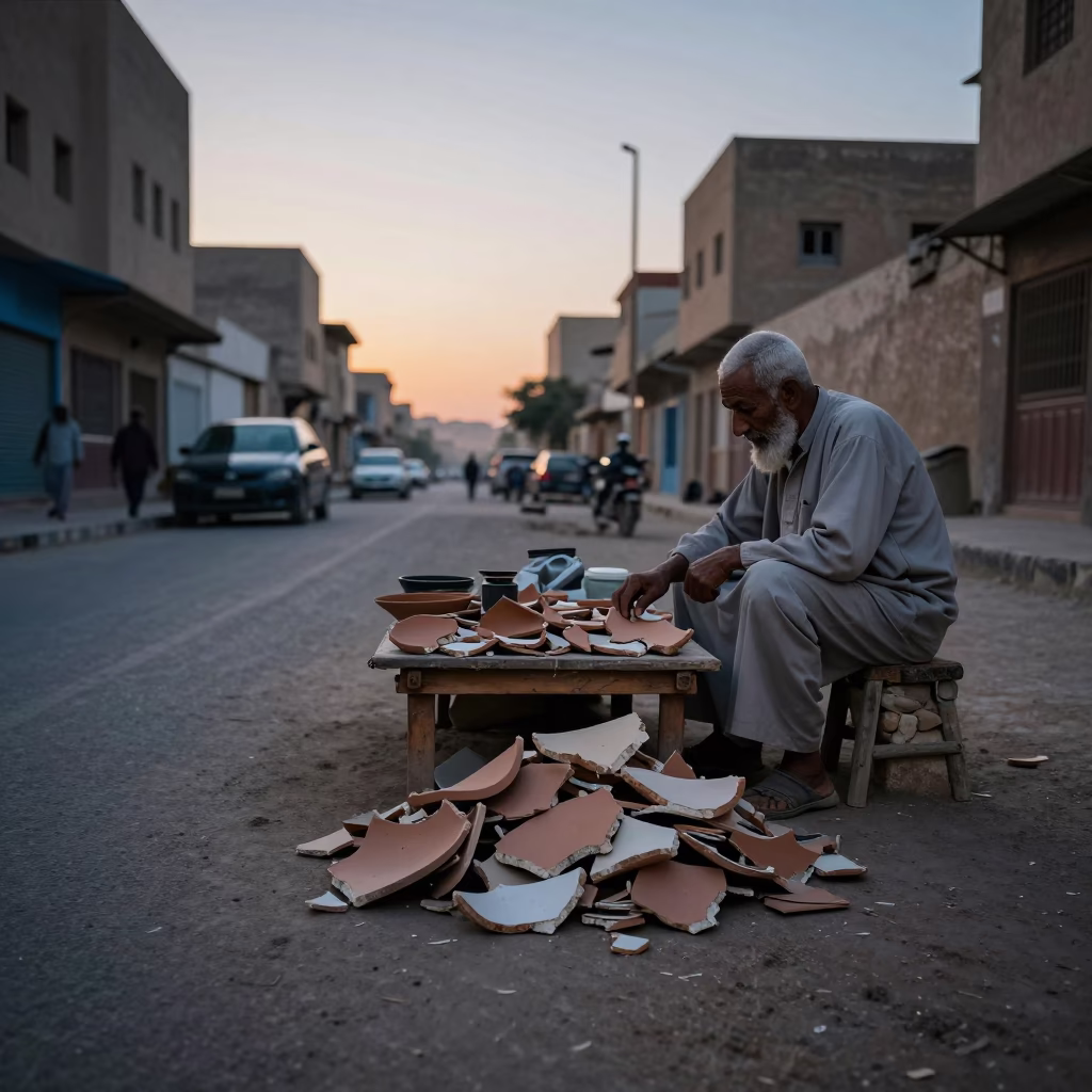 Luxor Egypt Dawn Street Scene with Pottery Shard and Local Market Activity in in Luxor, Egypt