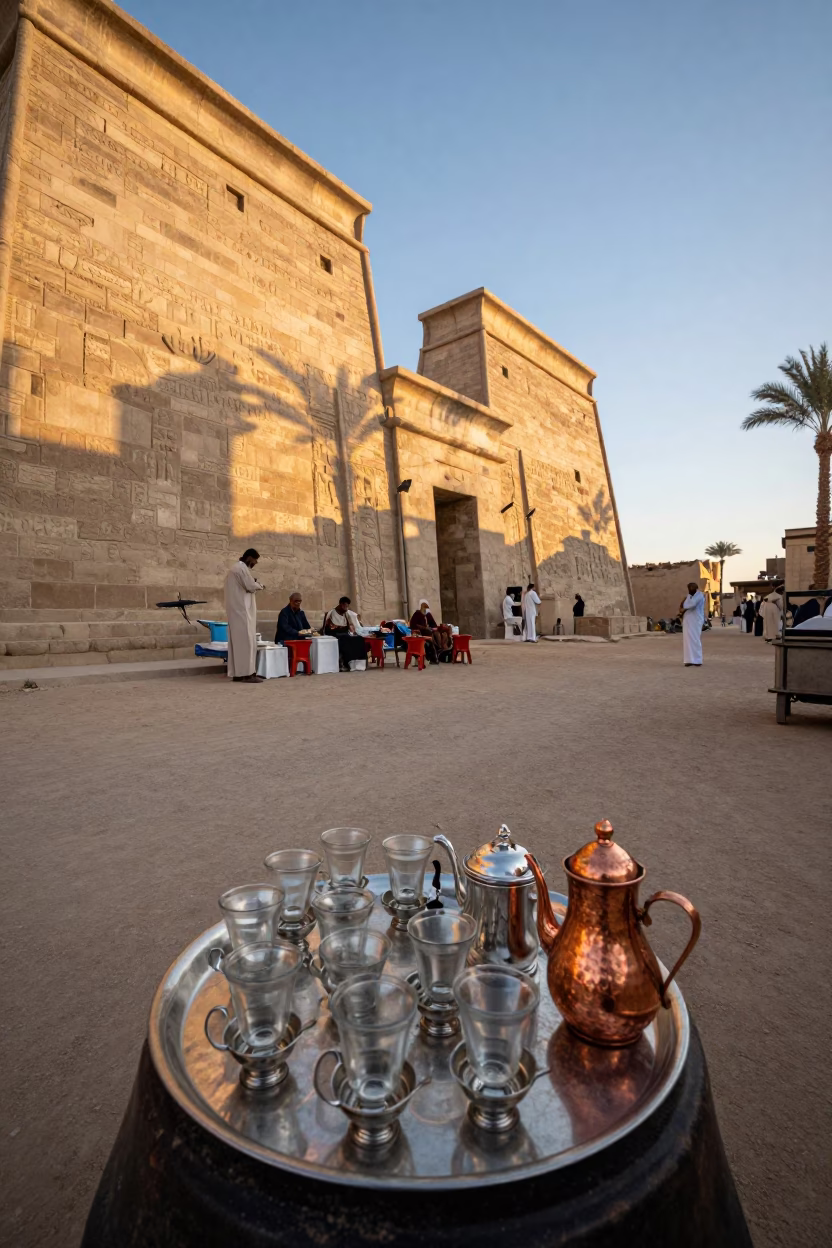 Luxor Egypt Dawn Street Scene with Tea Tray and Copper Cezve Coffee in in Luxor, Egypt