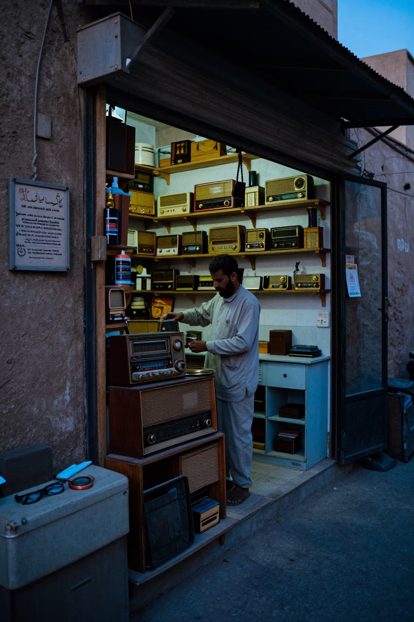 Luxor Egypt Dawn Street Scene with Vintage Radio and Kitchen Shelves in in Luxor, Egypt