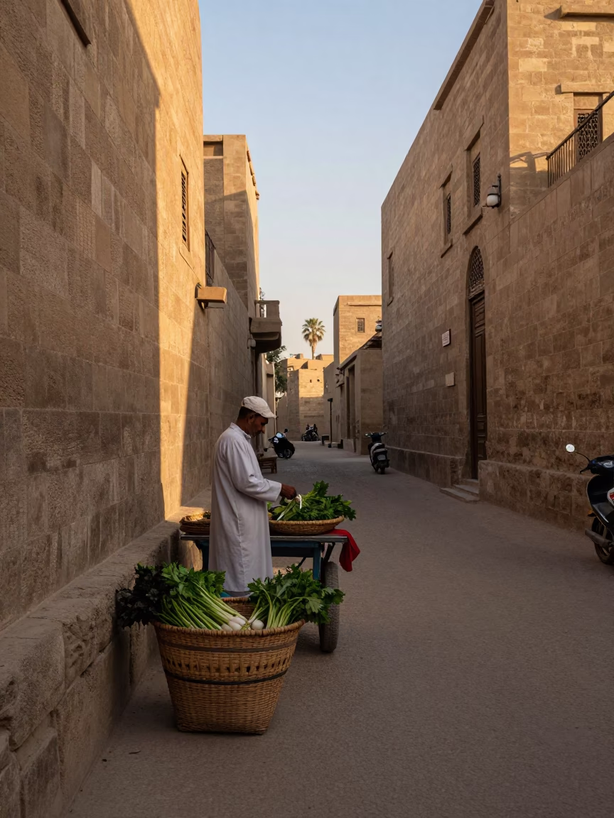 Luxor Egypt dawn street scene with woven basket of fresh bread and bougainvillea in in Luxor, Egypt