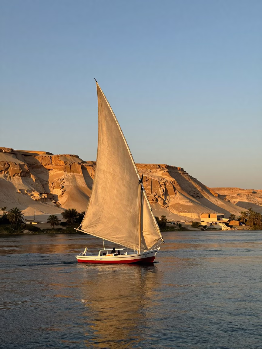 Luxor Egypt Dusk Felucca Sailboat on Nile River with Sandstone Temples in in Luxor, Egypt