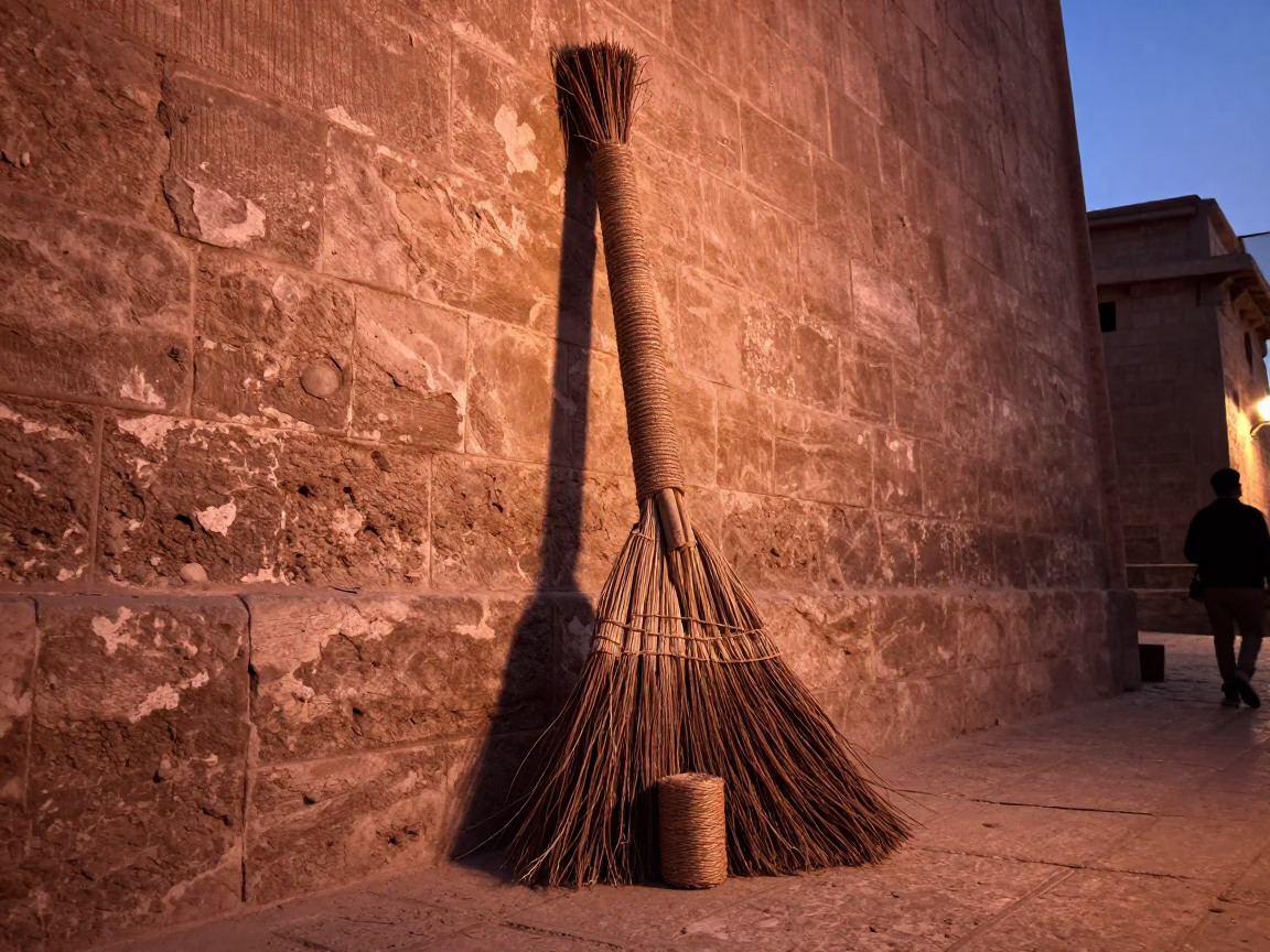 Luxor Egypt Dusk Street Scene with Broom and Twine on Ancient Wall in in Luxor, Egypt