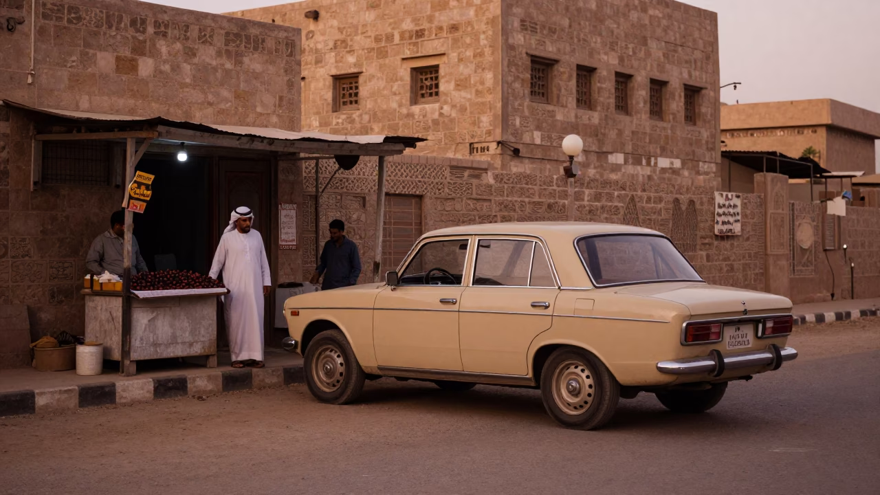Luxor Egypt Dusk Street Scene with Vintage Car and Locals in Copper Light in in Luxor, Egypt
