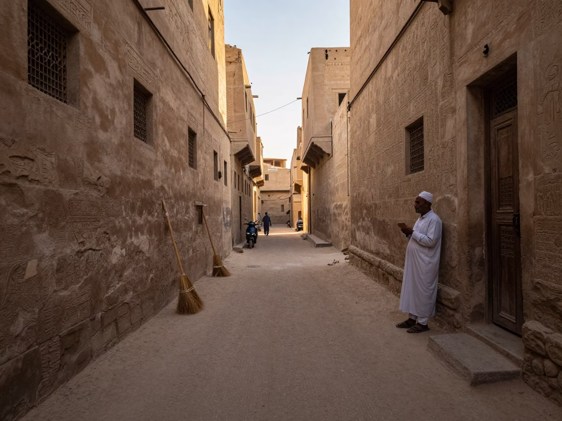 Luxor Egypt Early Afternoon Street Scene with Broom and Local Interaction in in Luxor, Egypt