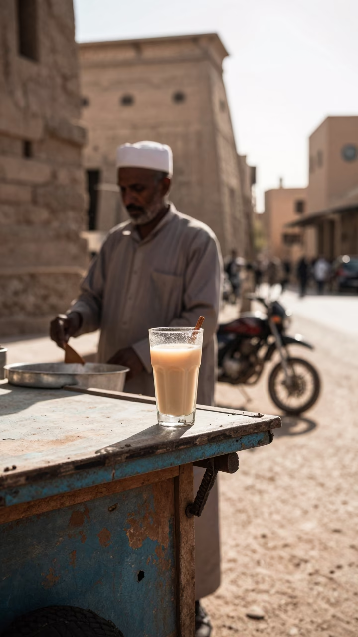 Luxor Egypt Early Afternoon Street Scene with Glass of Horchata and Cinnamon Dust in in Luxor, Egypt