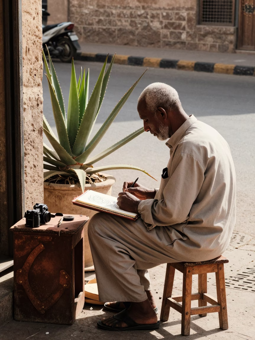 Luxor Egypt Early Afternoon Street Scene with Sketchbook and Echeveria in Historic Setting in in Luxor, Egypt