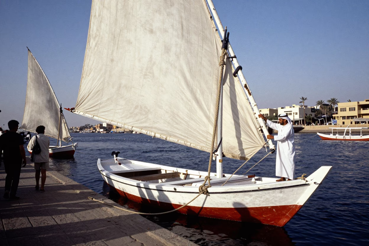 Luxor Egypt Early Afternoon Street Scene with Traditional Felucca Boat on the Nile River in in Luxor, Egypt