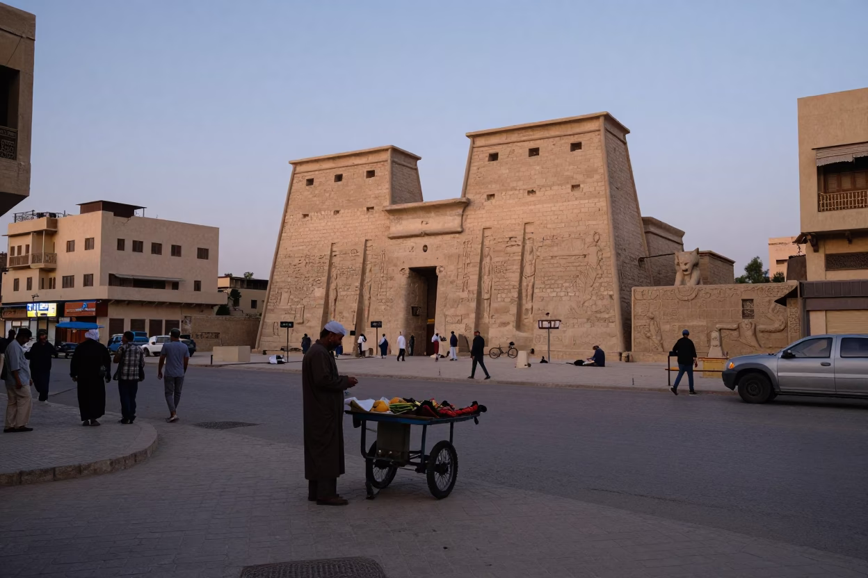Luxor Egypt Early Evening Street Scene with Local Vendor and Traditional Elements in in Luxor, Egypt