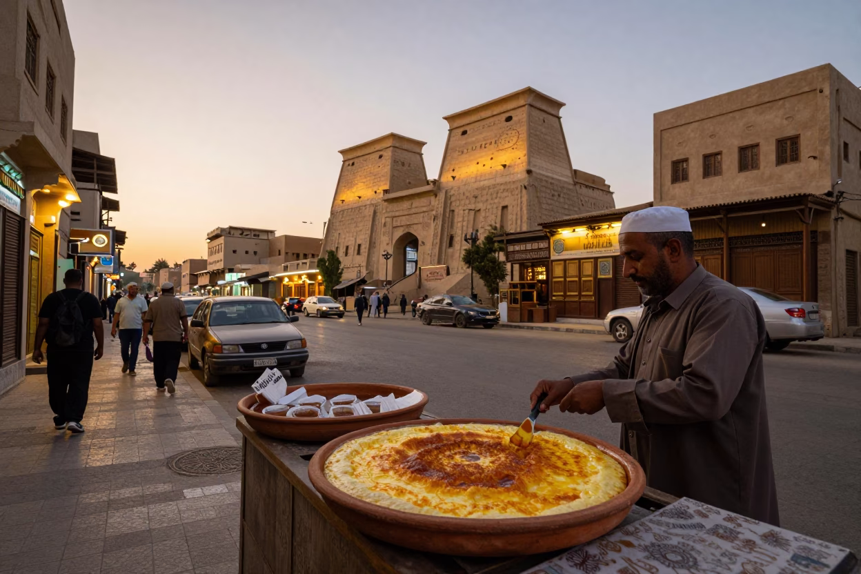 Luxor Egypt Early Evening Street Scene with Traditional Kafeh and Pistachios on Table in in Luxor, Egypt