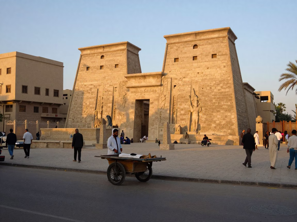 Luxor Egypt early evening street scene with vendor cart and limestone architecture in in Luxor, Egypt