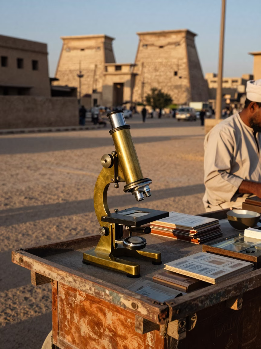 Luxor Egypt Early Evening Street Scene with Vintage Brass Microscope and Local Market Activity in in Luxor, Egypt