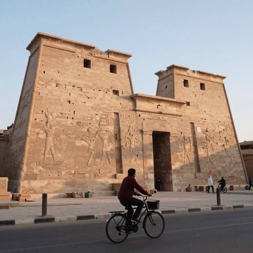 Luxor Egypt early morning street scene with cyclist passing ancient stone architecture in in Luxor, Egypt