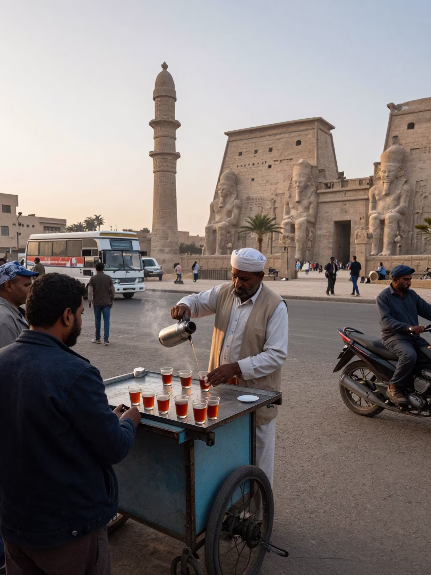 Luxor Egypt Early Morning Street Scene with Local Vendor and Thermos in in Luxor, Egypt