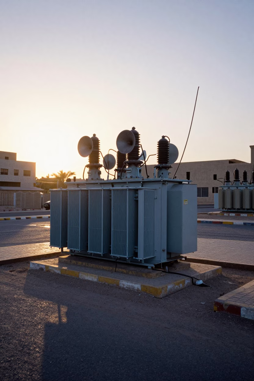 Luxor Egypt Early Morning Street Scene with Substation Transformer Yard and Grease Sheen Details in in Luxor, Egypt