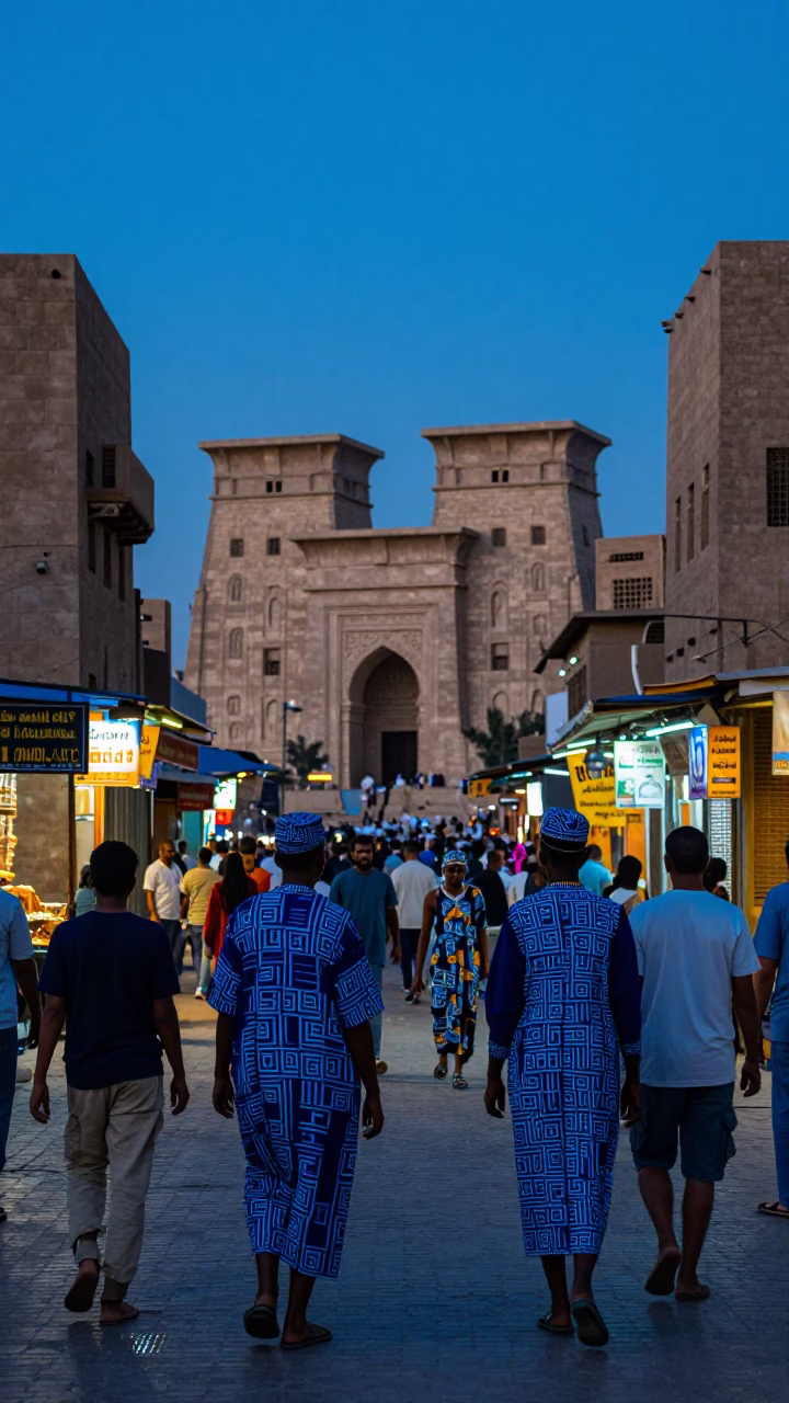 Luxor Egypt Evening Blue Hour Colorful Busy Street Scene Traditional Nubian Architecture in in Luxor, Egypt