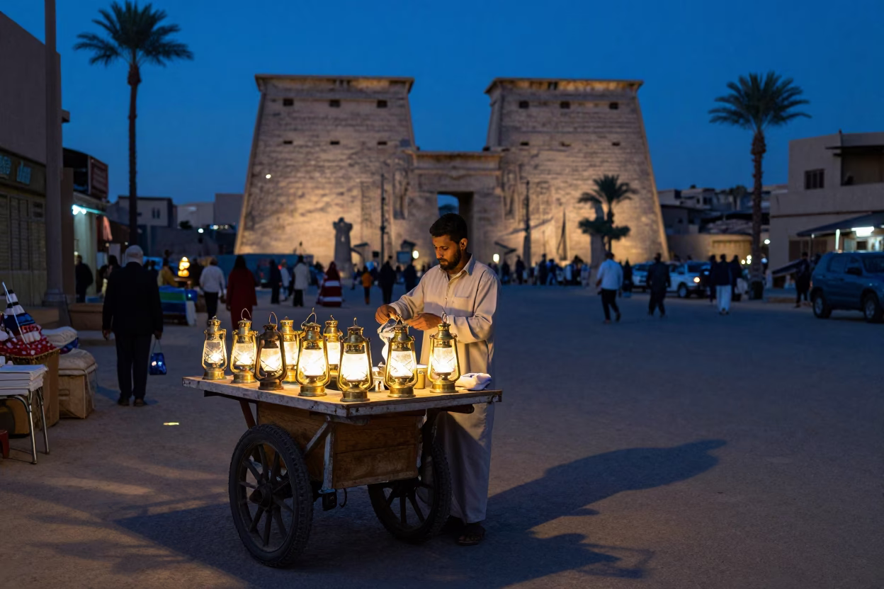 Luxor Egypt Evening Blue Hour Street Scene with Local Vendor and Traditional Items in in Luxor, Egypt