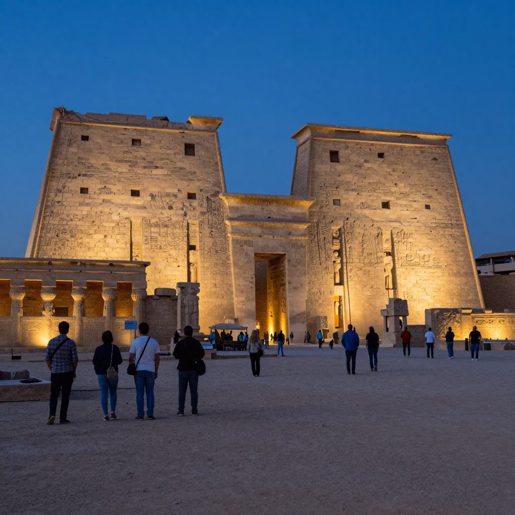 Luxor Egypt Evening Blue Hour Street Scene with Tourist and Rattan Stool in in Luxor, Egypt