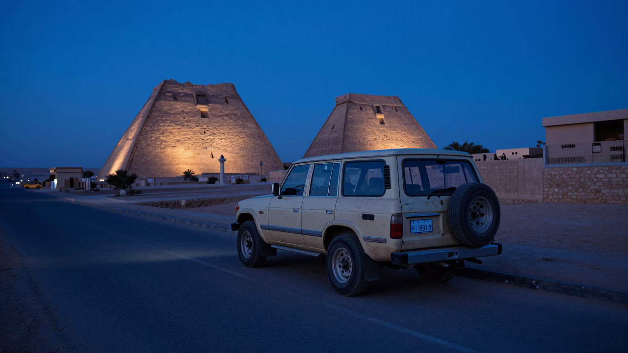 Luxor Egypt Evening Blue Hour Street Scene with Vintage SUV and Local Life in in Luxor, Egypt