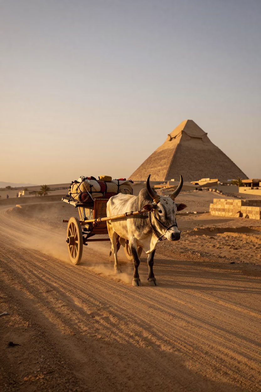 Luxor Egypt Evening Light Ox Cart on Dusty Road with Traveler Suitcases in in Luxor, Egypt